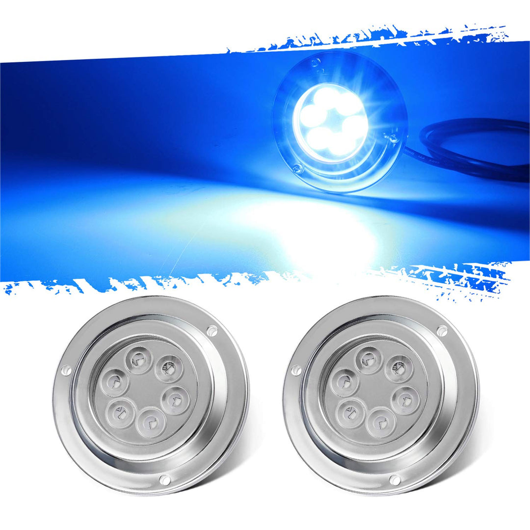 Skanto | Partsam 2Pcs Blå 6Led Rund Undervann Båtlampene, Transom Lys For Yachter Båter Seilbåt Pontong, Ip68 Vanntett, Rustfritt Stål Hus, Overflatemontering, 12V