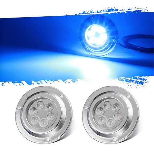 Skanto | Partsam 2Pcs Blå 6Led Rund Undervann Båtlampene, Transom Lys For Yachter Båter Seilbåt Pontong, Ip68 Vanntett, Rustfritt Stål Hus, Overflatemontering, 12V