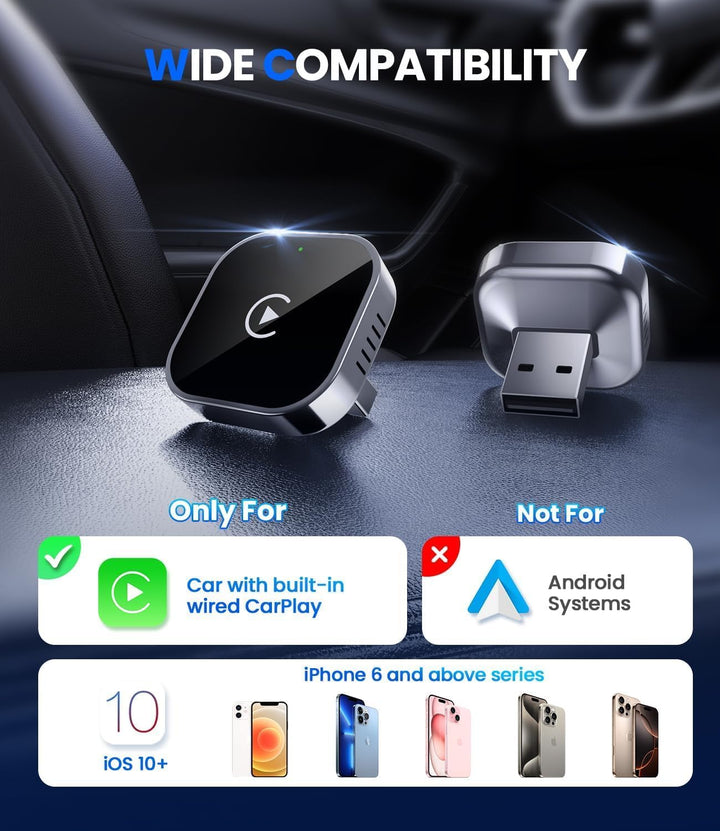 Skanto | Mini trådløs CarPlay-adapter med dual-band tilkobling og kompakt design – Novaro