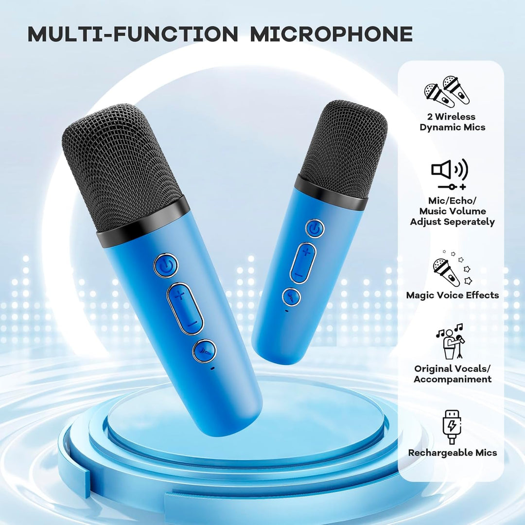 Skanto | Bærbar Mini Karaoke-maskin med Bluetooth-høyttaler og 2 trådløse mikrofoner – Veylo