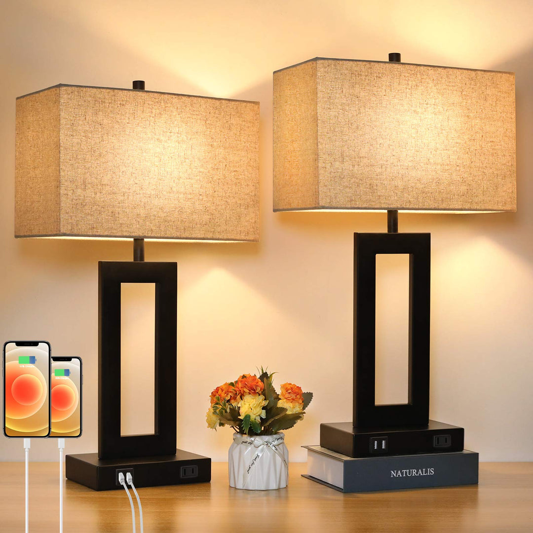 Skanto | Tobusa Set Of 2 Touch Control Table Lamps With Usb Ports, 3-Way Dimmable, Beige Shade