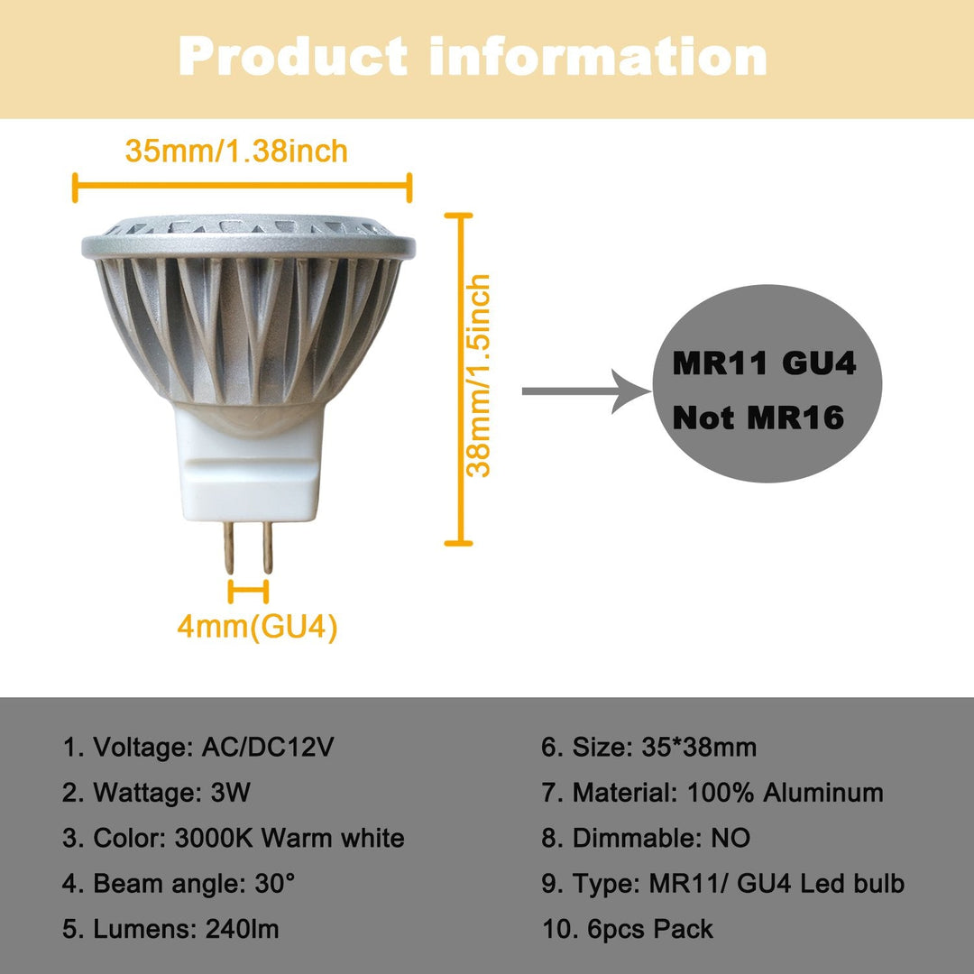 Skanto | Alide Mr11 Gu4 Led Lyspærer 3000K Varm Hvit 3W, 6 Pakke Lav Volt Spotlights For Utendørs