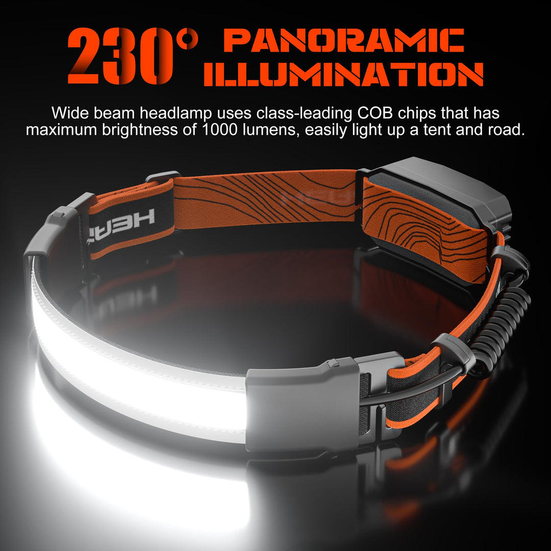 Skanto | Hopedone Oppladbar Hodelykt 1000 Lumens, 230° Vidvinkel, Vanntett, 2-Pack, Oransje