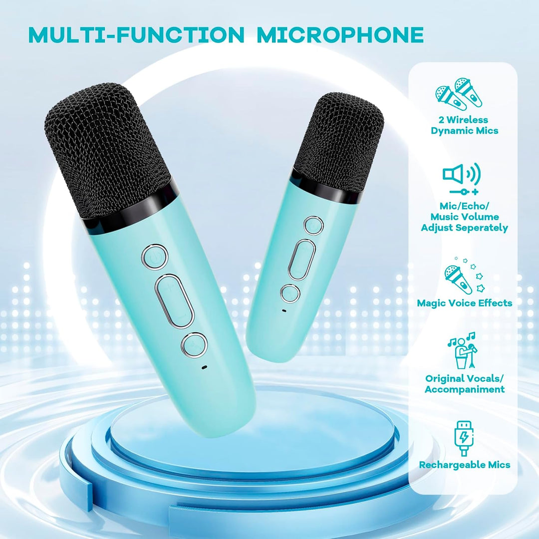 Skanto | Bærbar Mini Karaoke-maskin med Bluetooth-høyttaler og 2 trådløse mikrofoner – Veylo