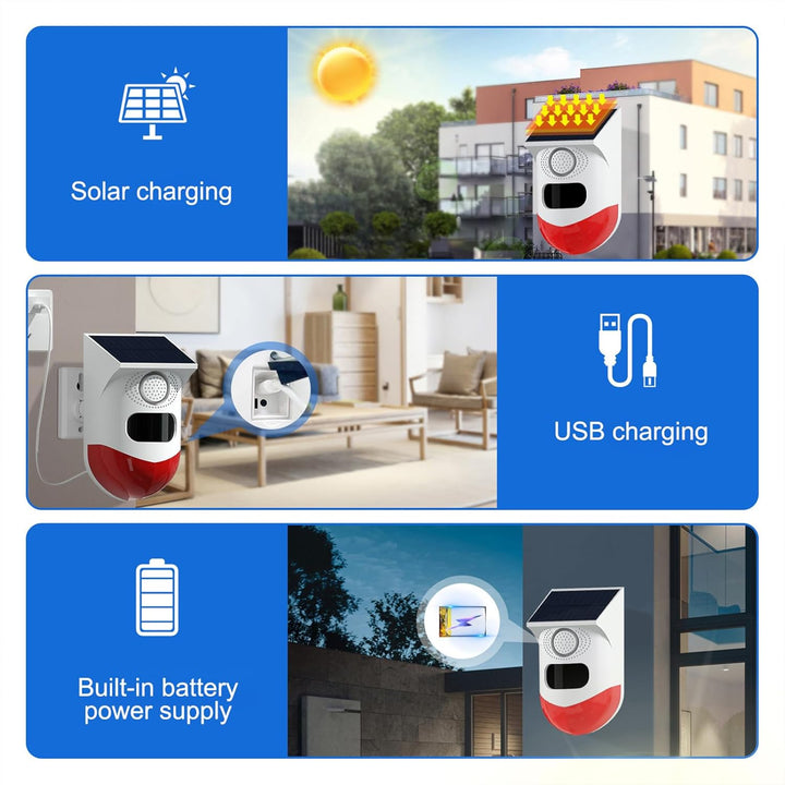 Frendorf | Solbevegelsessensor Alarm med 120dB Sirene og LED Strobelys – Feronix