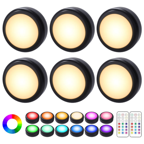 Skanto | Cadrim Puck Lights, 6 Pakke 13 Farger Endringsbare Led Puck Belysning Batteridrevet Dimmbar Under Skap Lys, Batteridrevet