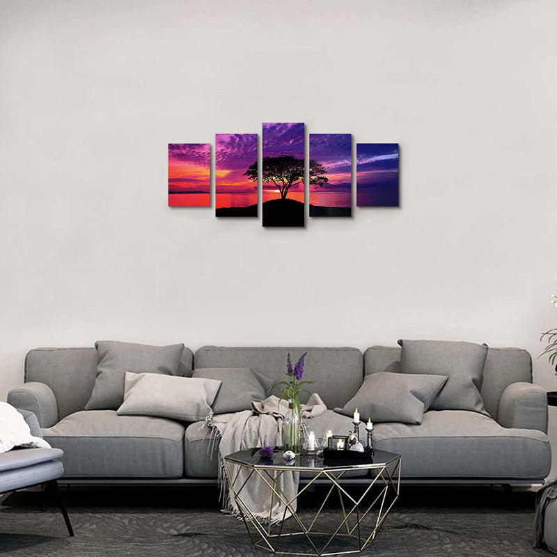 5-Piece Red Beach Sunset Canvas Wall Art | Skanto