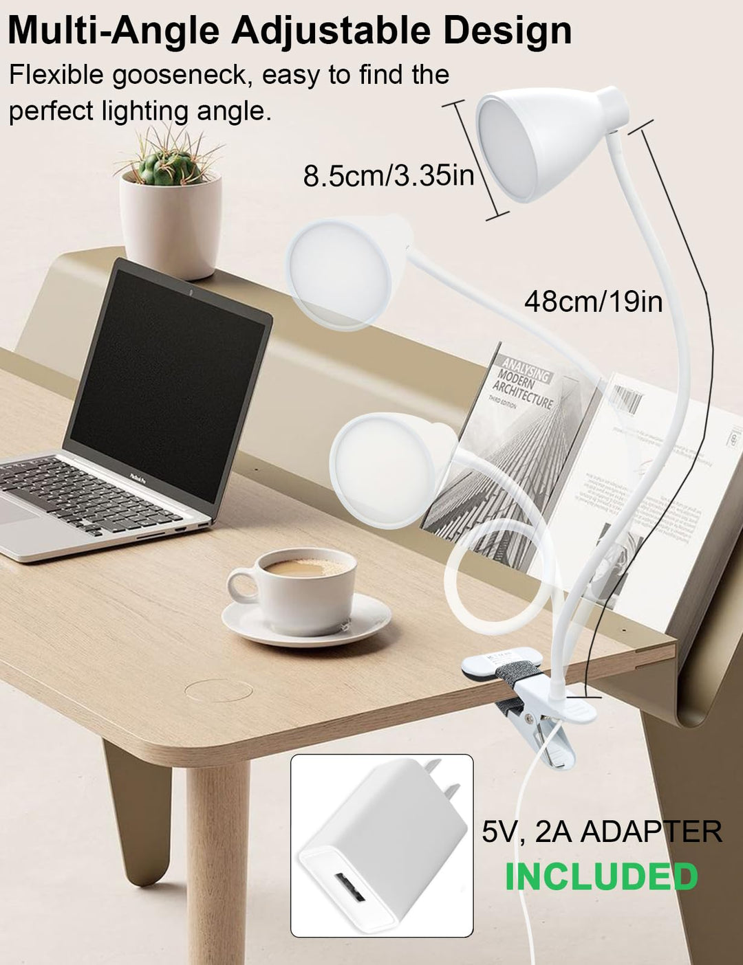 Skanto | Bohon 10W Klem Lampe - 3 Fargemoduser, 10 Lysstyrker, Fleksibel Gåsehalssvane, Usb, Hvit