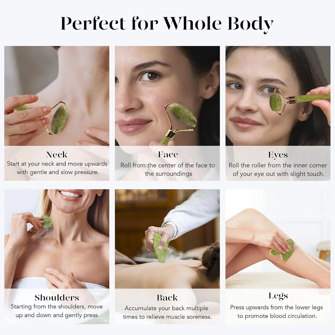 Skanto | Instant Glow Gua Sha & Jade Roller Set | For strålende hud og naturlig avslapning