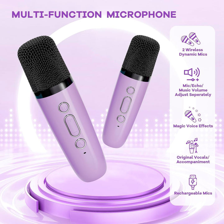 Skanto | Bærbar Mini Karaoke-maskin med Bluetooth-høyttaler og 2 trådløse mikrofoner – Veylo