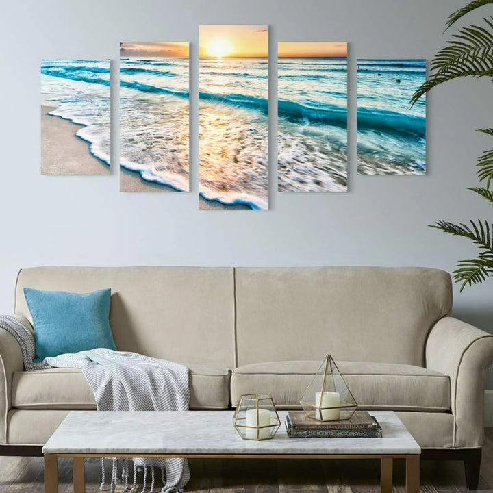 Sett med 5 dekorative lerretsbilder med havlandskap og strandmotiv