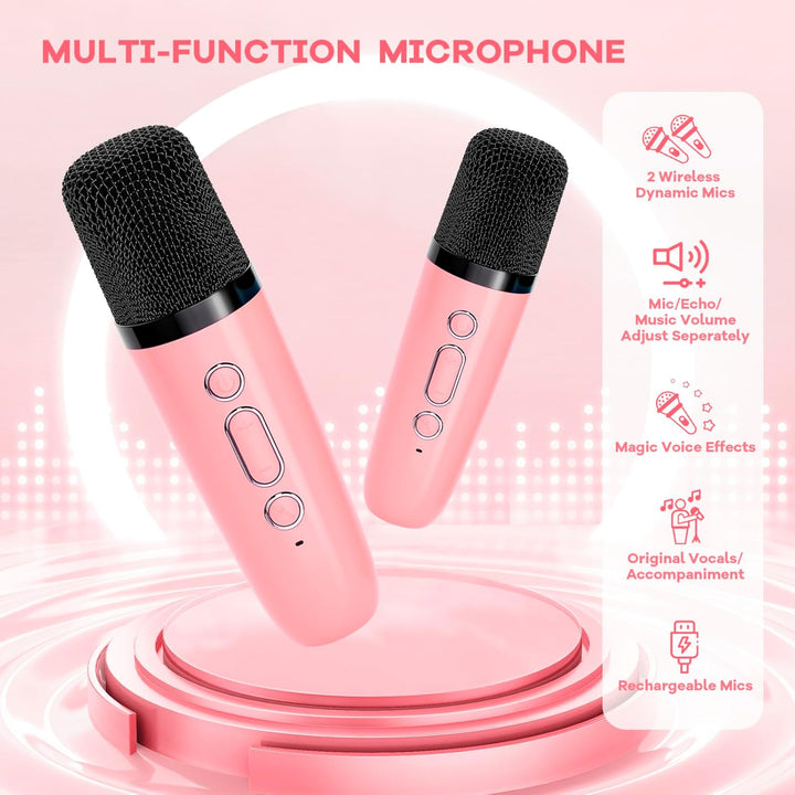 Skanto | Bærbar Mini Karaoke-maskin med Bluetooth-høyttaler og 2 trådløse mikrofoner – Veylo