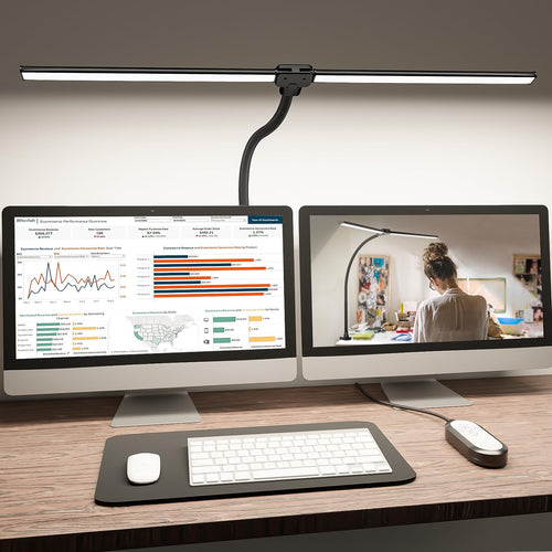 Skanto | Shinetech Led Skrivebordslampe For Hjemmekontor, 4000k Nøytral Hvit Dobbel Hode Arkitekt Oppgave Lamper Med Klemme, Dimbar Justerbar Fl