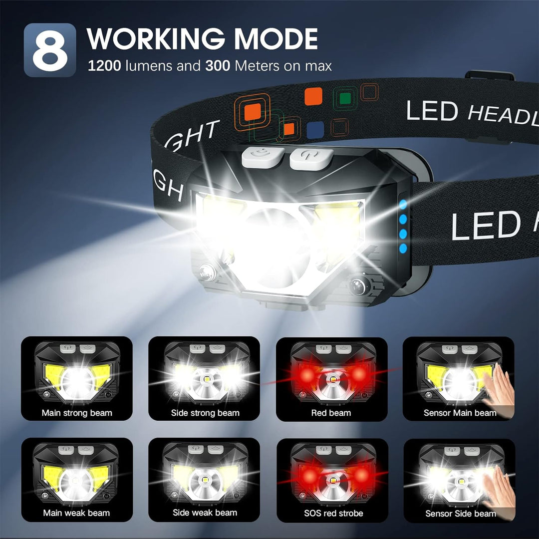 2-Pack Ultra-Lys LED Oppladbar Hodelykt Lommelykt Vanntett Og Bevegelsessensor