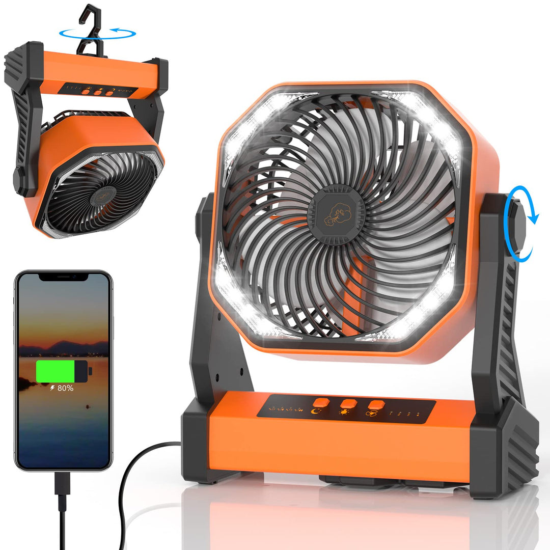 Skanto | Campingvifte med LED-lampe, 20000Mah oppladbart batteridrevet teltvifte, 270° rotasjon, 4 hastigheter, USB-lading, personlig USB-vifte for camping, reise, fiske, strømbrudd, orkan, arbeidssted