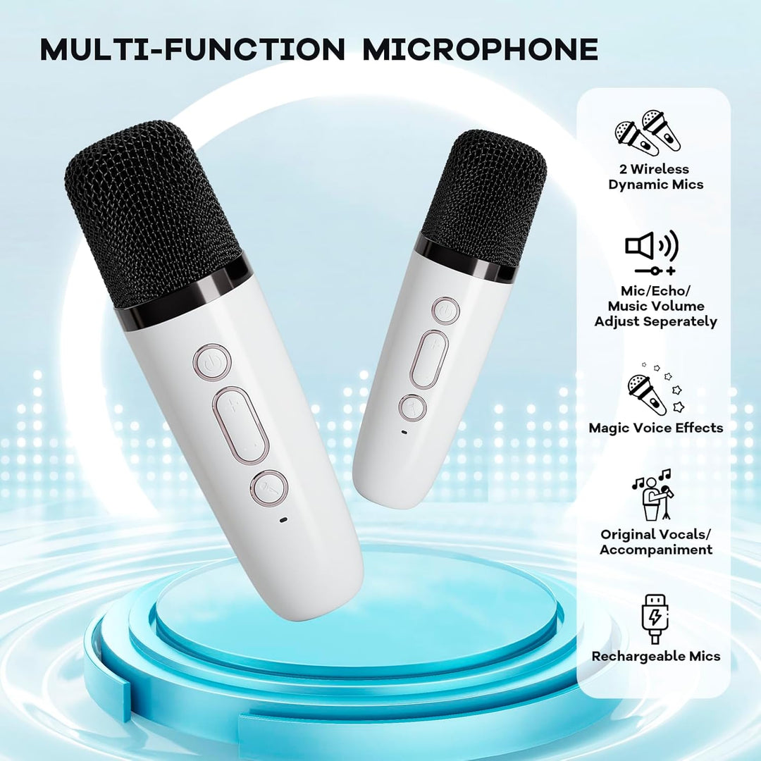 Skanto | Bærbar Mini Karaoke-maskin med Bluetooth-høyttaler og 2 trådløse mikrofoner – Veylo