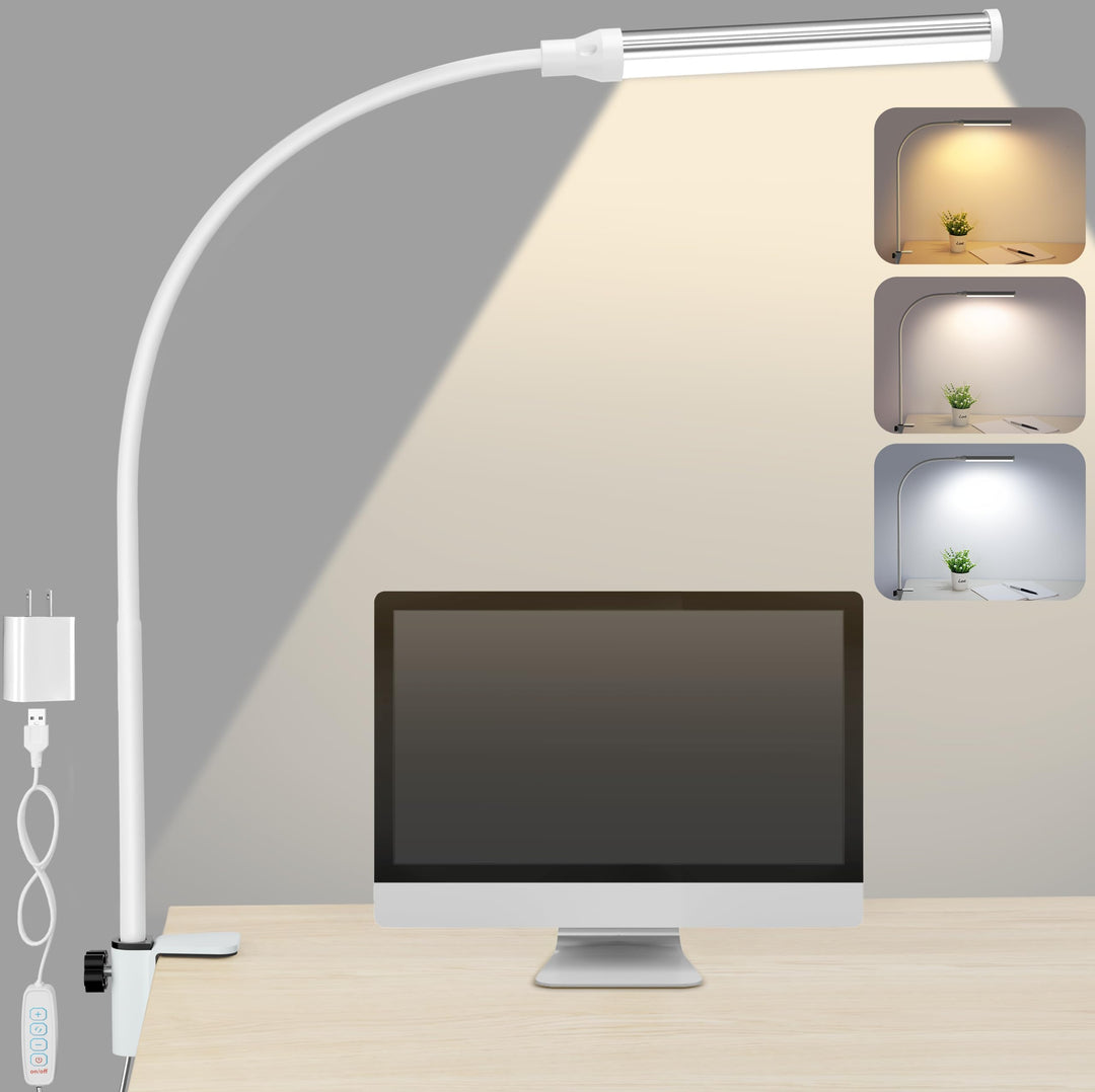 Skanto | Shinetech Led Skrivebordslampe For Hjemmekontor, Øyevennlig Skrivebordlys Med Klemme, 3 Farger Trinnløs Lysstyrke Justerbar Fleksibel Gås
