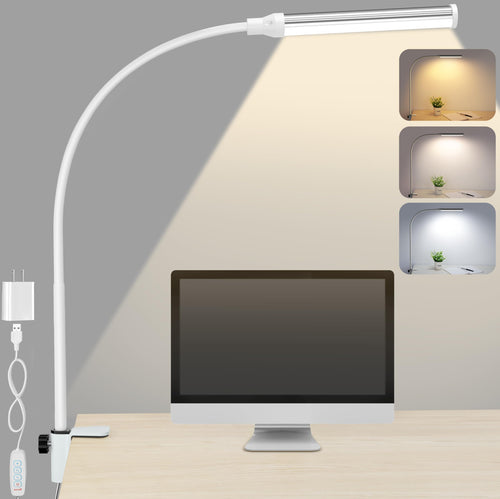 Skanto | Shinetech Led Skrivebordslampe For Hjemmekontor, Øyevennlig Skrivebordlys Med Klemme, 3 Farger Trinnløs Lysstyrke Justerbar Fleksibel Gås