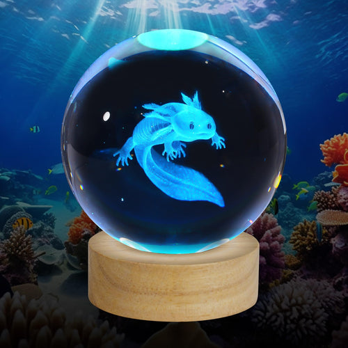 Skanto | Zxblaq 3D Axolotl Krystallball Nattlampe, Oppgradert 3,15 Tommers Glassballampe Med 16 Farger Led Trebase, Axolotl Dekor Birt