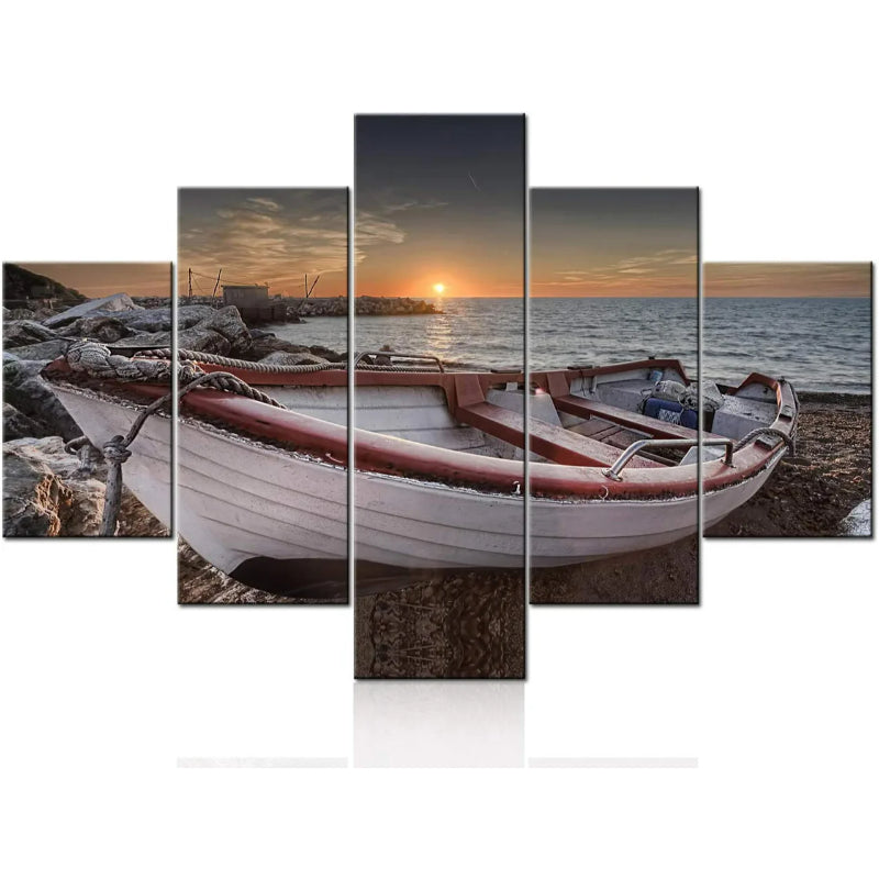 Sett med 5 dekorative lerretbilder med strandbåtmotiver
