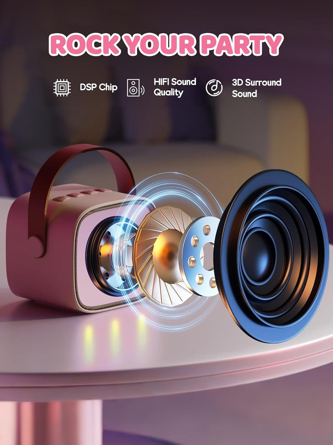 Skanto | Bærbar Mini Karaoke-maskin med Bluetooth-høyttaler og 2 trådløse mikrofoner – Veylo