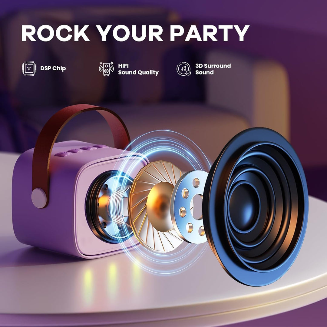 Skanto | Bærbar Mini Karaoke-maskin med Bluetooth-høyttaler og 2 trådløse mikrofoner – Veylo