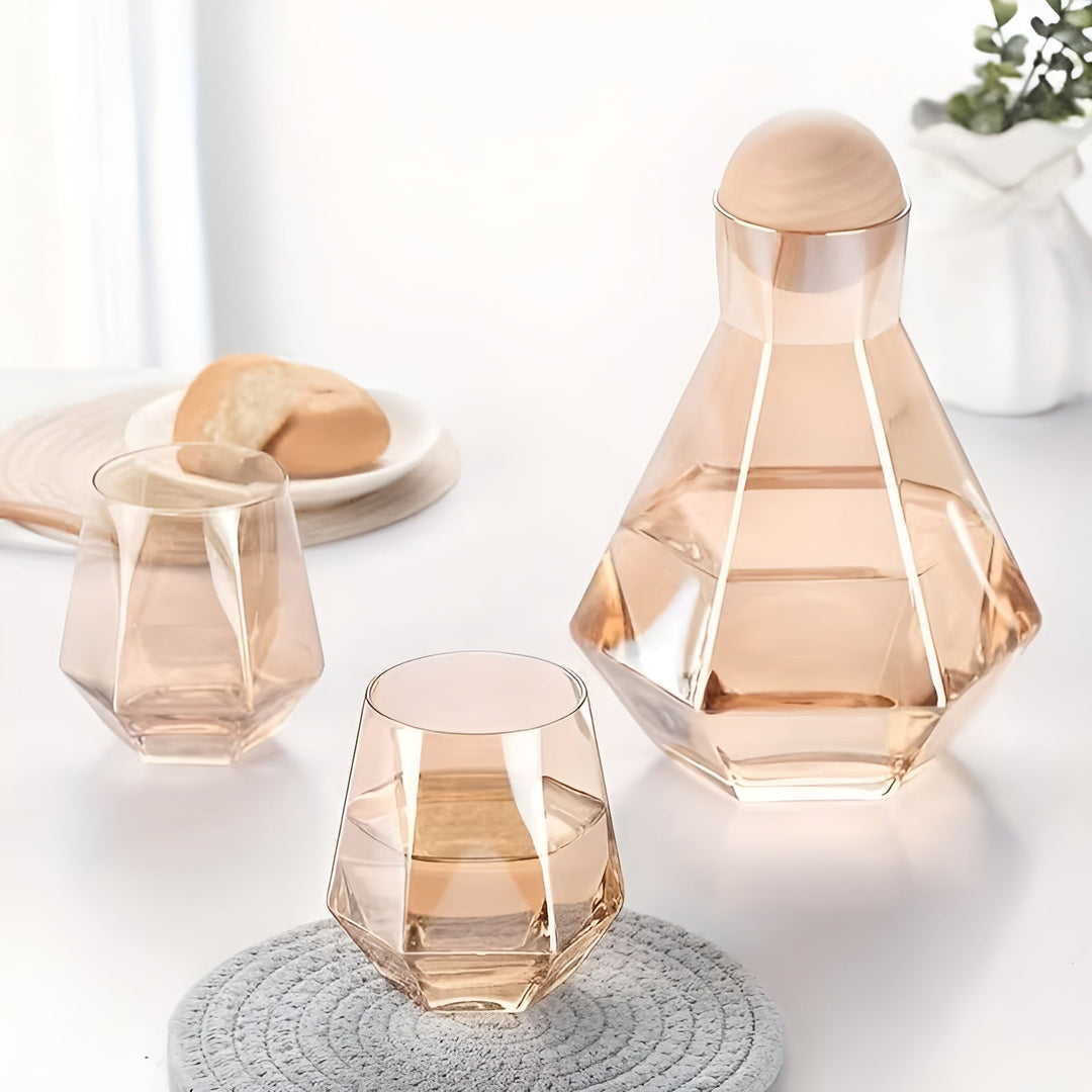 Diamantglasskaraffesett med 4 glasurer – moderne og dekorativt | 5-delers sett med lokk for vann, juice og kullsyreholdig vann