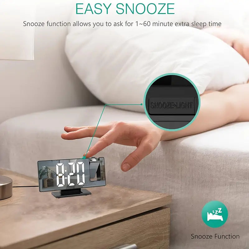 Skanto | 180° Justerbar LED prosjektionsvekkerklokke – Snus, 12/24H Tid & Temperaturvisning, Speildesign – USB-drevet, Nattmodus & Minnefunksjon