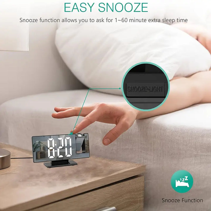 Skanto | 180° Justerbar LED prosjektionsvekkerklokke – Snus, 12/24H Tid & Temperaturvisning, Speildesign – USB-drevet, Nattmodus & Minnefunksjon