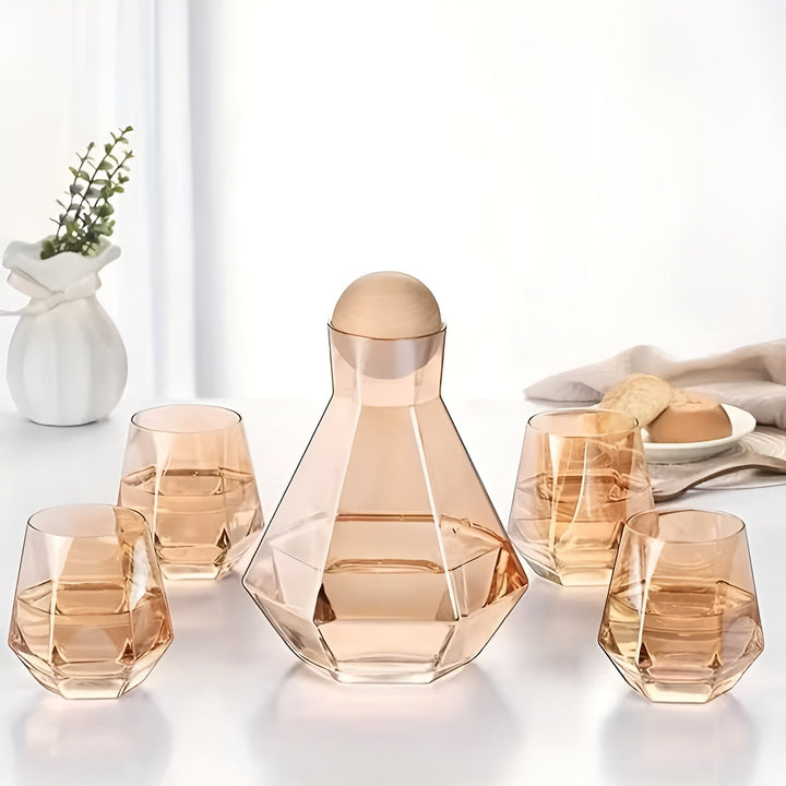 Diamantglasskaraffesett med 4 glasurer – moderne og dekorativt | 5-delers sett med lokk for vann, juice og kullsyreholdig vann