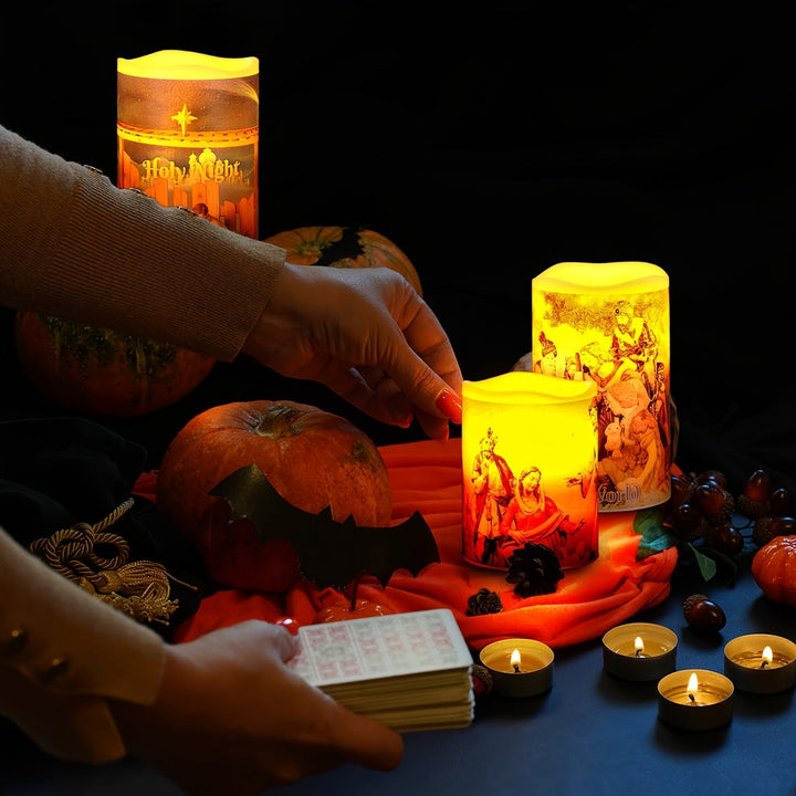Skanto | Flameless LED Julelys – 3 stk Batteridrevne Hellig Natt Lys med Timer Som Viser Krybbescenen for En varm julehjemstemning