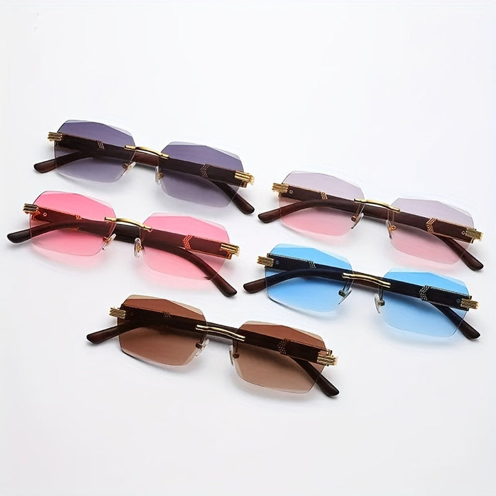 Rimless solbriller med rektangulære linser og faux tre templer – Verro | Skanto