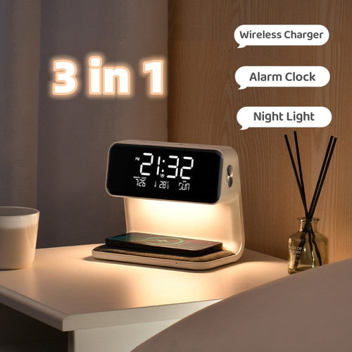 Skanto | 3-i-1 Sengelampe med Trådløs Lader – LCD Vekkerklokke & Berøringsdimmbar LED Bordlampe