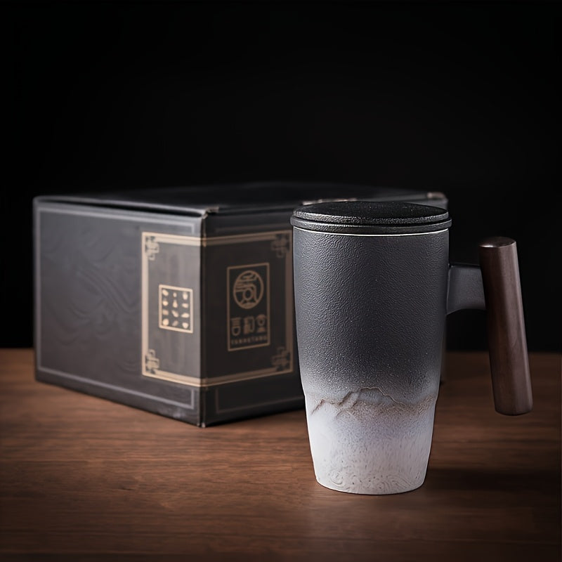 Skanto | TeaCraft Keramisk Kopp | Håndlaget | Med Te-sil og Treskaft | Retro Design