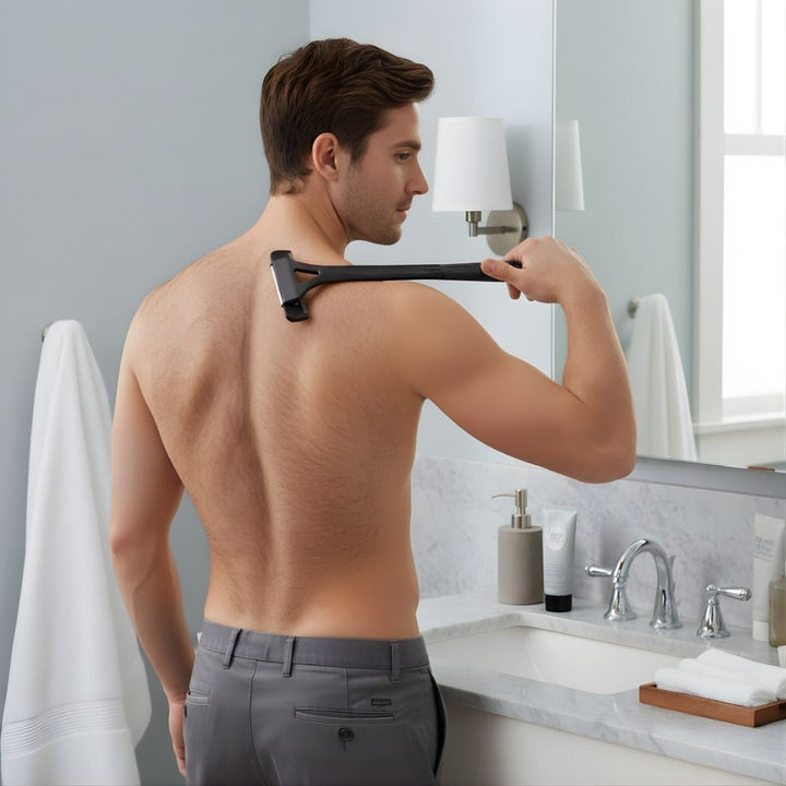 Ekstra-lang håndtak rekkevidde – Skarpe rustfrie blader – Jevn smertefri barbering – Uanstrengt DIY grooming for menn Skanto