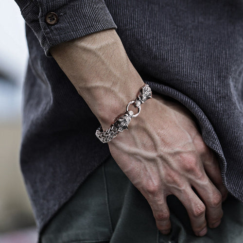 Skanto | Viking Rustfritt Stål Dobbel Ulvehode Fenris Armbånd