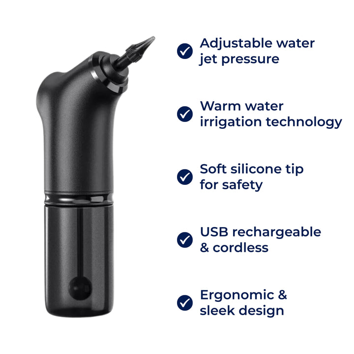 AquaCleanse | Elektrisk Ørevoksfjerner – Justerbart Vannspray – Silikontipp – Varm Irrigasjon for Familier Skanto