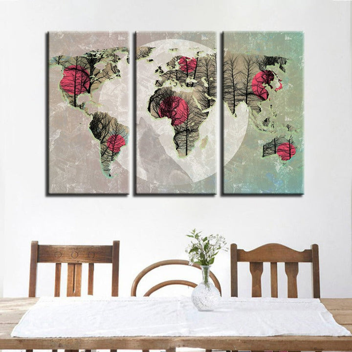 Vakker abstrakt rosa sol-verden-kart-lerret-veggkunstmaleri 3 deler | Skanto
