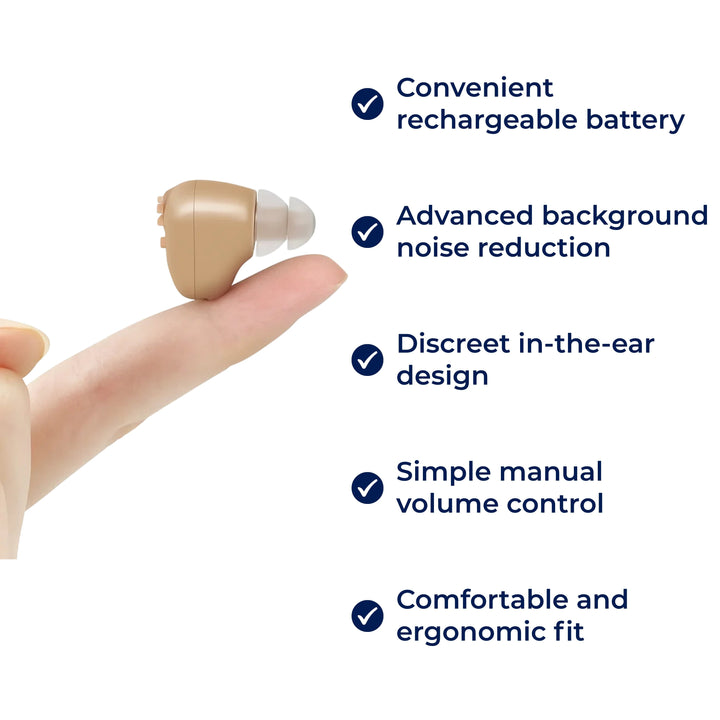 ClearHear | Oppladbar ITE-hørselforsterker – Støyreduksjon – Ergonomisk in-ear-passform – Klarere tale for eldre til daglig bruk Skanto