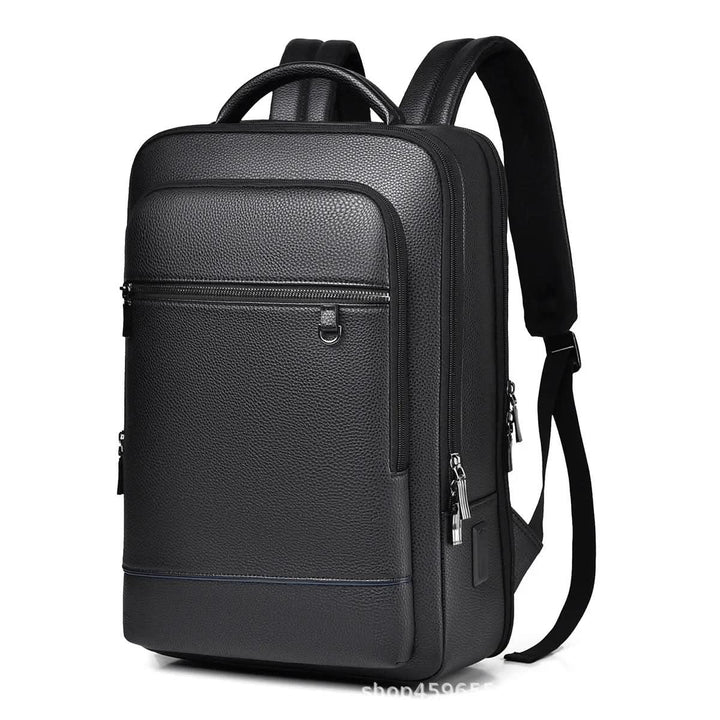 Eleganter Lederrucksack for Damen og Herren med USB-anschluss for laptop og täglichen bruk, 15,6 Zoll, schwarz