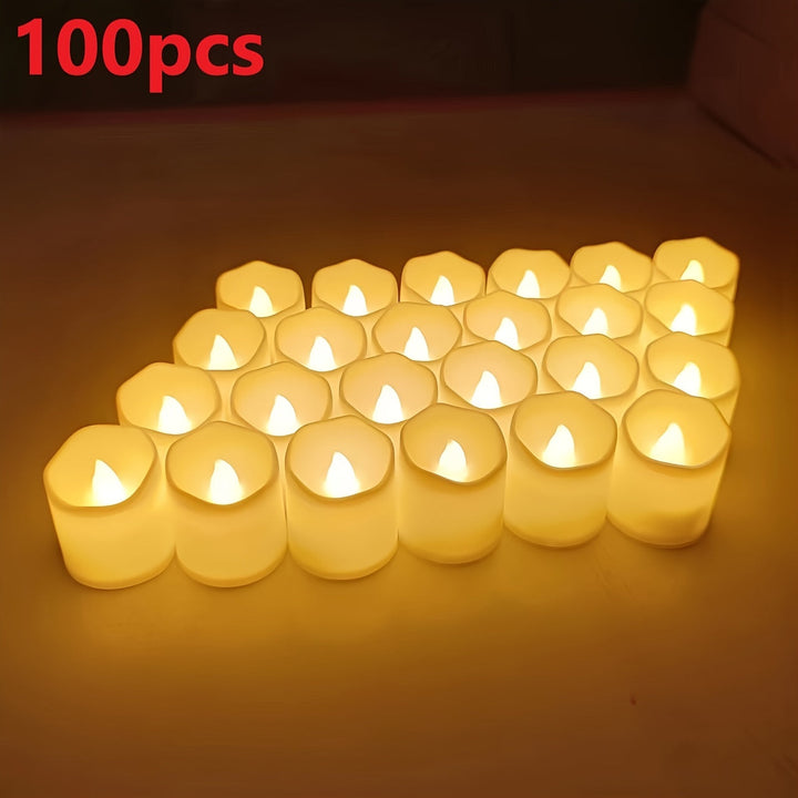 Skanto | 24/50/100 Pakke flammefrie LED-lys – batteridrevne flimrende tealights, røkfrie og romantiske for bryllup og forlovelser