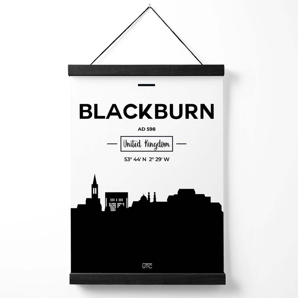 Blackburn bybildeplakat i svart-hvitt med oppheng