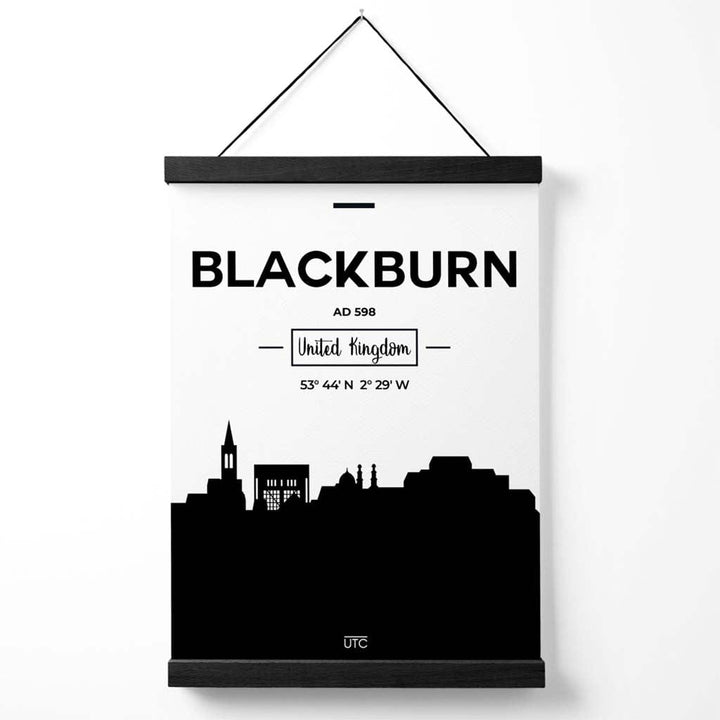 Blackburn bybildeplakat i svart-hvitt med oppheng