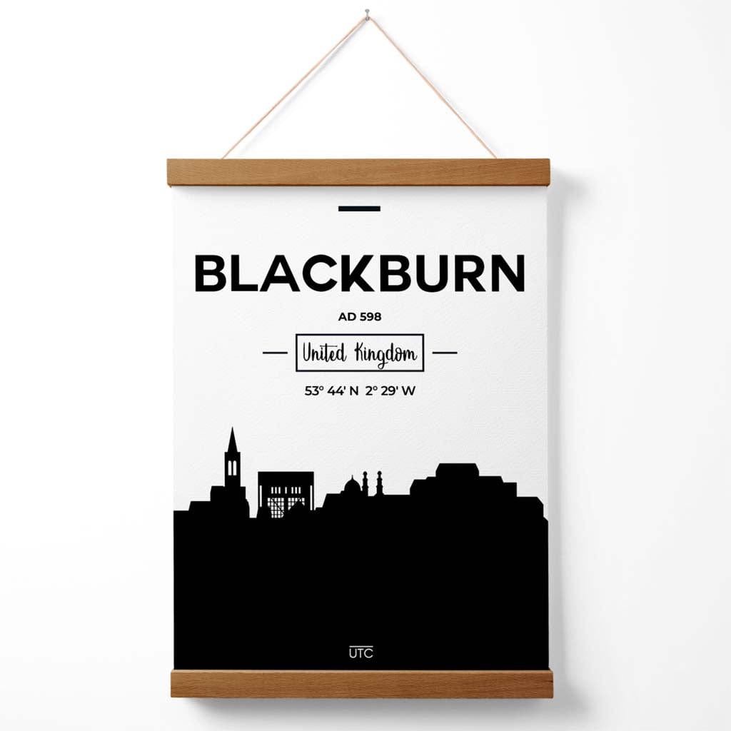 Blackburn bybildeplakat i svart-hvitt med oppheng