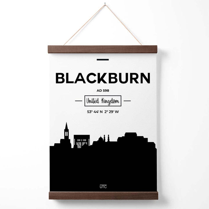 Blackburn bybildeplakat i svart-hvitt med oppheng