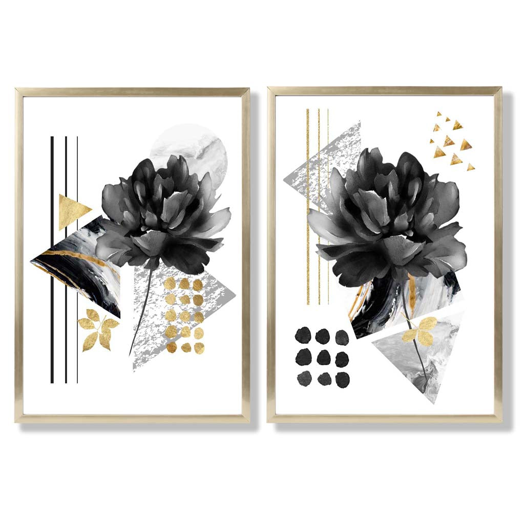 Moderne blomstermotiver, sett med 2 kunsttrykk i svart og gullramme