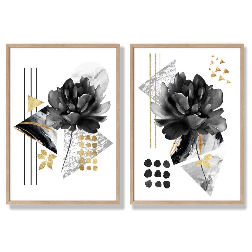 Moderne blomstermotiver, sett med 2 kunsttrykk i svart og gullramme