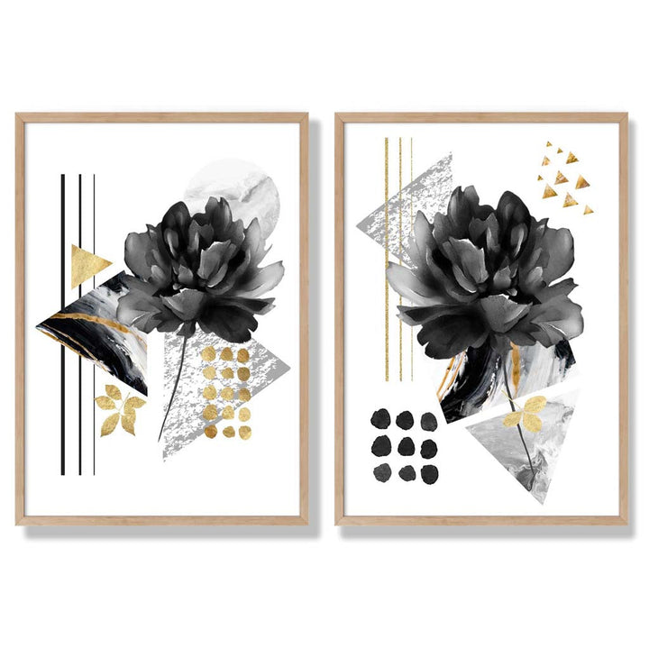 Moderne blomstermotiver, sett med 2 kunsttrykk i svart og gullramme