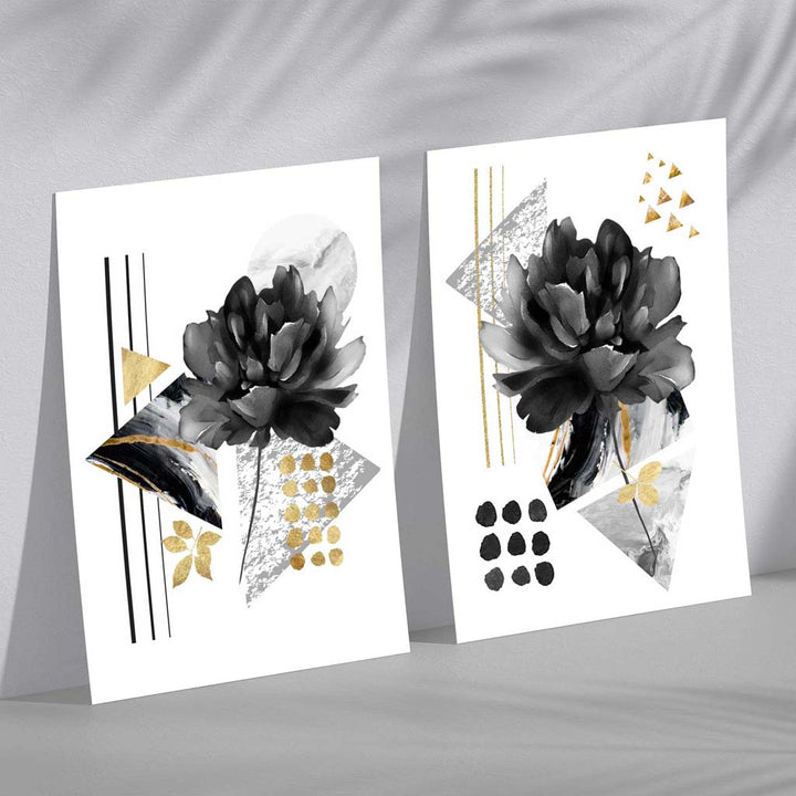 Moderne blomstermotiver, sett med 2 kunsttrykk i svart og gullramme