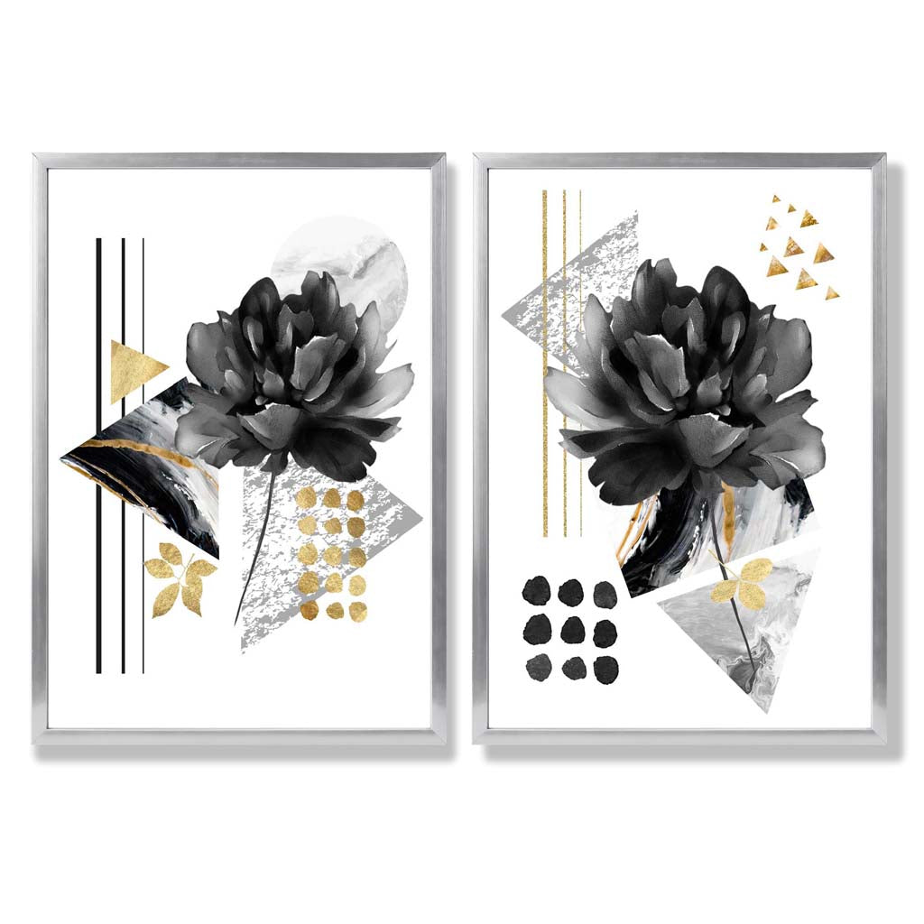 Moderne blomstermotiver, sett med 2 kunsttrykk i svart og gullramme